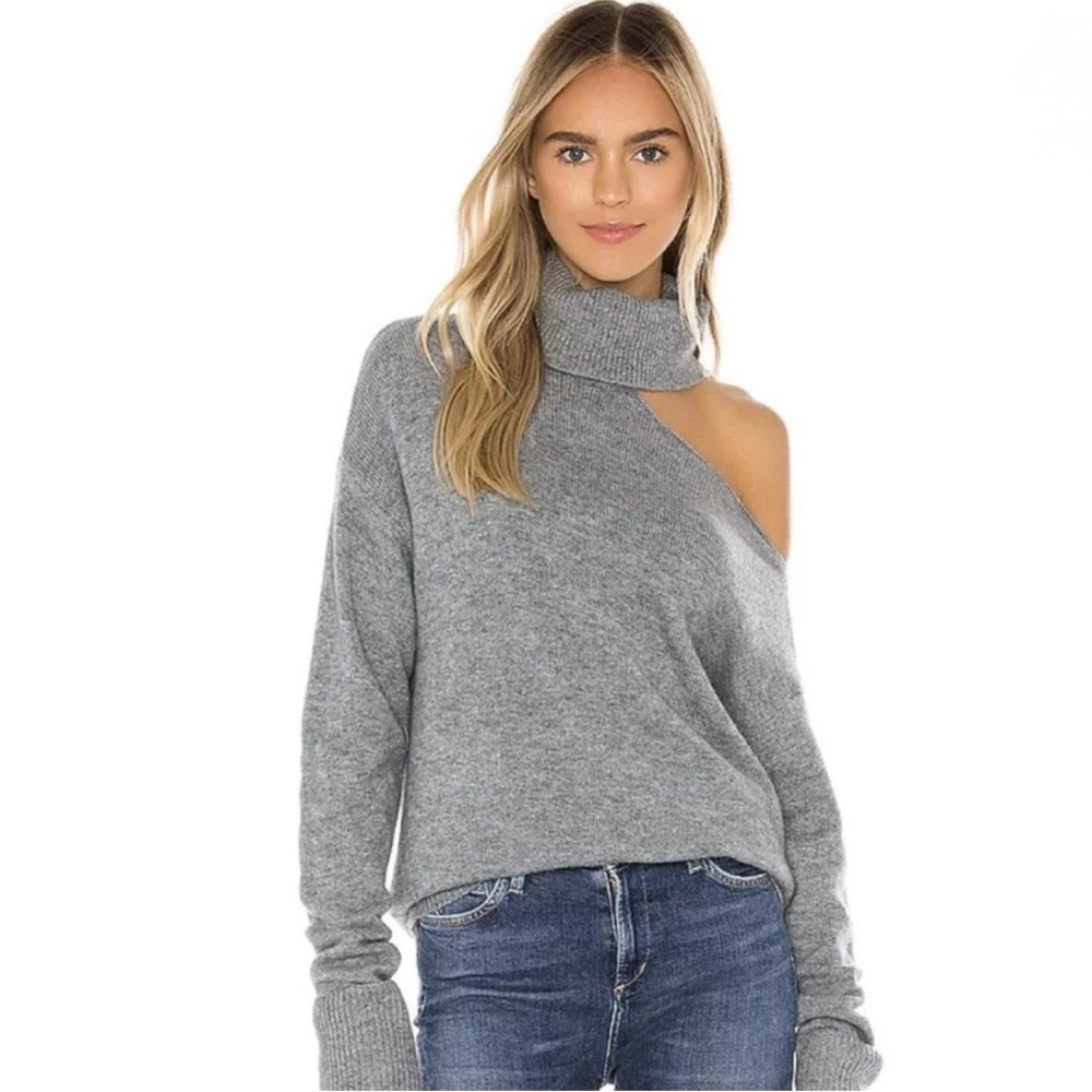 Paige NEW Heather Grey Raundi Wool Cut Out Shoulder Oversized Turtleneck Sweater